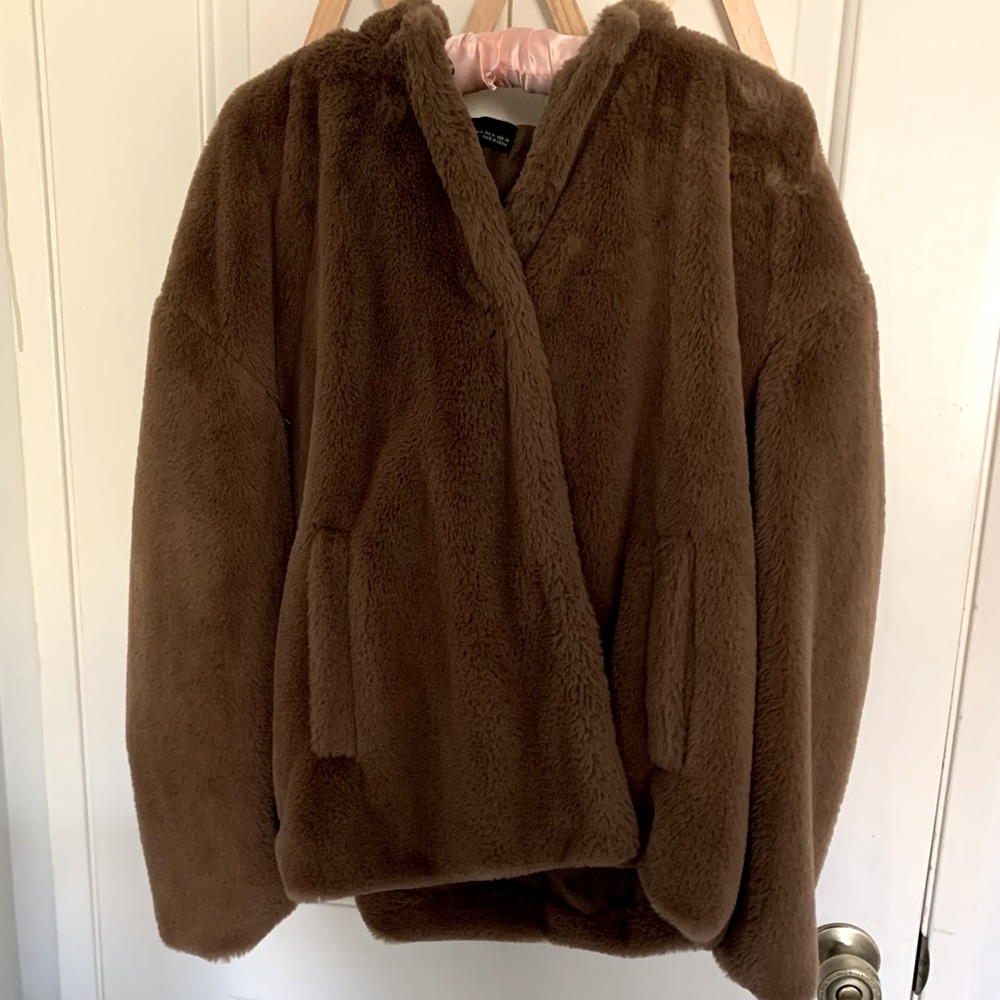 Zara women faux fur hooded jacket coat Size M